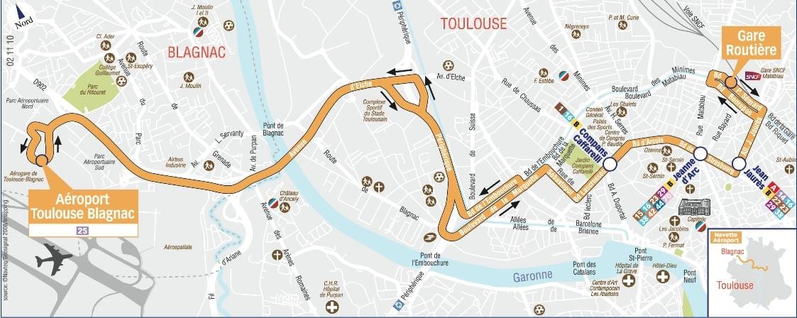 kort over Toulouse airport shuttle rute 