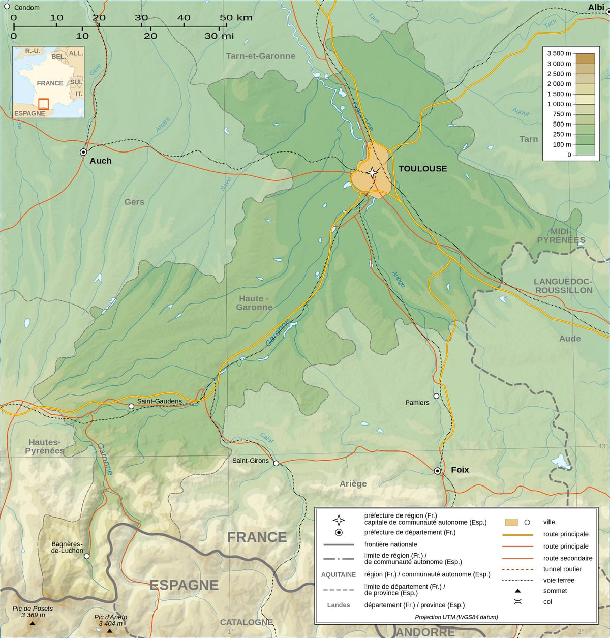 topografisk kort over Toulouse